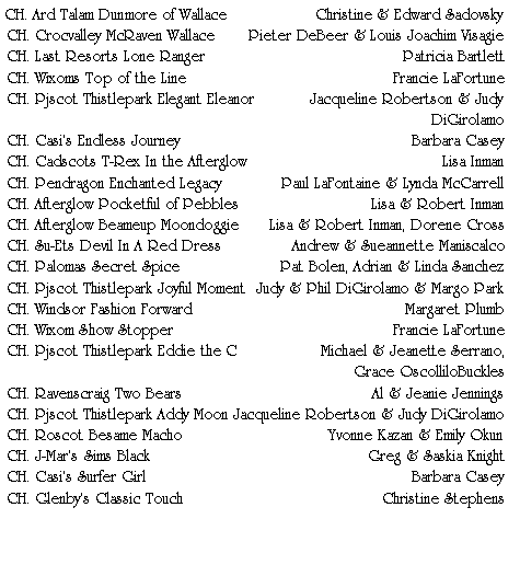 Text Box: CH. Ard Talam Dunmore of Wallace	Christine & Edward SadovskyCH. Crocvalley McRaven Wallace	Pieter DeBeer & Louis Joachim VisagieCH. Last Resorts Lone Ranger	Patricia BartlettCH. Wixoms Top of the Line	Francie LaFortuneCH. Pjscot Thistlepark Elegant Eleanor	Jacqueline Robertson & Judy	DiGirolamoCH. Casis Endless Journey	Barbara CaseyCH. Cadscots T-Rex In the Afterglow	Lisa InmanCH. Pendragon Enchanted Legacy	Paul LaFontaine & Lynda McCarrellCH. Afterglow Pocketful of Pebbles	Lisa & Robert InmanCH. Afterglow Beameup Moondoggie	Lisa & Robert Inman, Dorene CrossCH. Su-Ets Devil In A Red Dress	Andrew & Sueannette ManiscalcoCH. Palomas Secret Spice	Pat Bolen, Adrian & Linda SanchezCH. Pjscot Thistlepark Joyful Moment	Judy & Phil DiGirolamo & Margo ParkCH. Windsor Fashion Forward	Margaret PlumbCH. Wixom Show Stopper	Francie LaFortuneCH. Pjscot Thistlepark Eddie the C	Michael & Jeanette Serrano,	Grace OscolliloBucklesCH. Ravenscraig Two Bears	Al & Jeanie JenningsCH. Pjscot Thistlepark Addy Moon	Jacqueline Robertson & Judy DiGirolamoCH. Roscot Besame Macho	Yvonne Kazan & Emily OkunCH. J-Mars Sims Black	Greg & Saskia KnightCH. Casis Surfer Girl	Barbara CaseyCH. Glenbys Classic Touch	Christine Stephens